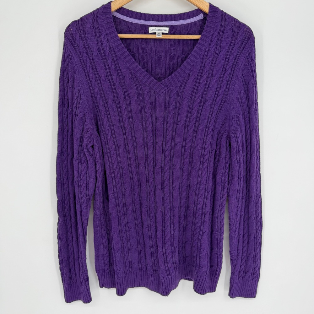 Croft & Barrow Sweater Purple Cable Knit V-Neck Cotton Women XL Preppy Heritage